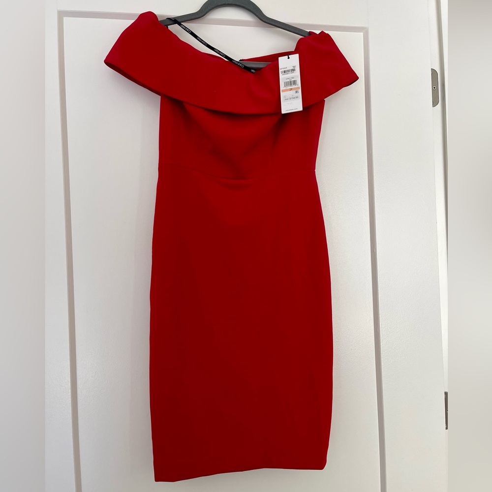 Calvin Klein Red Asymmetrical Ruffled Cocktail Dress